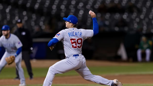 Apr 18, 2023; Oakland, California, USA; Chicago Cubs closing pitcher Michael Rucker (59) throws against the Oakland Athletics during the ninth inning at RingCentral Coliseum. Mandatory Credit: John Hefti-USA TODAY Sports